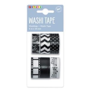 Washi tape 6rl sort og hvid 5mx15mm